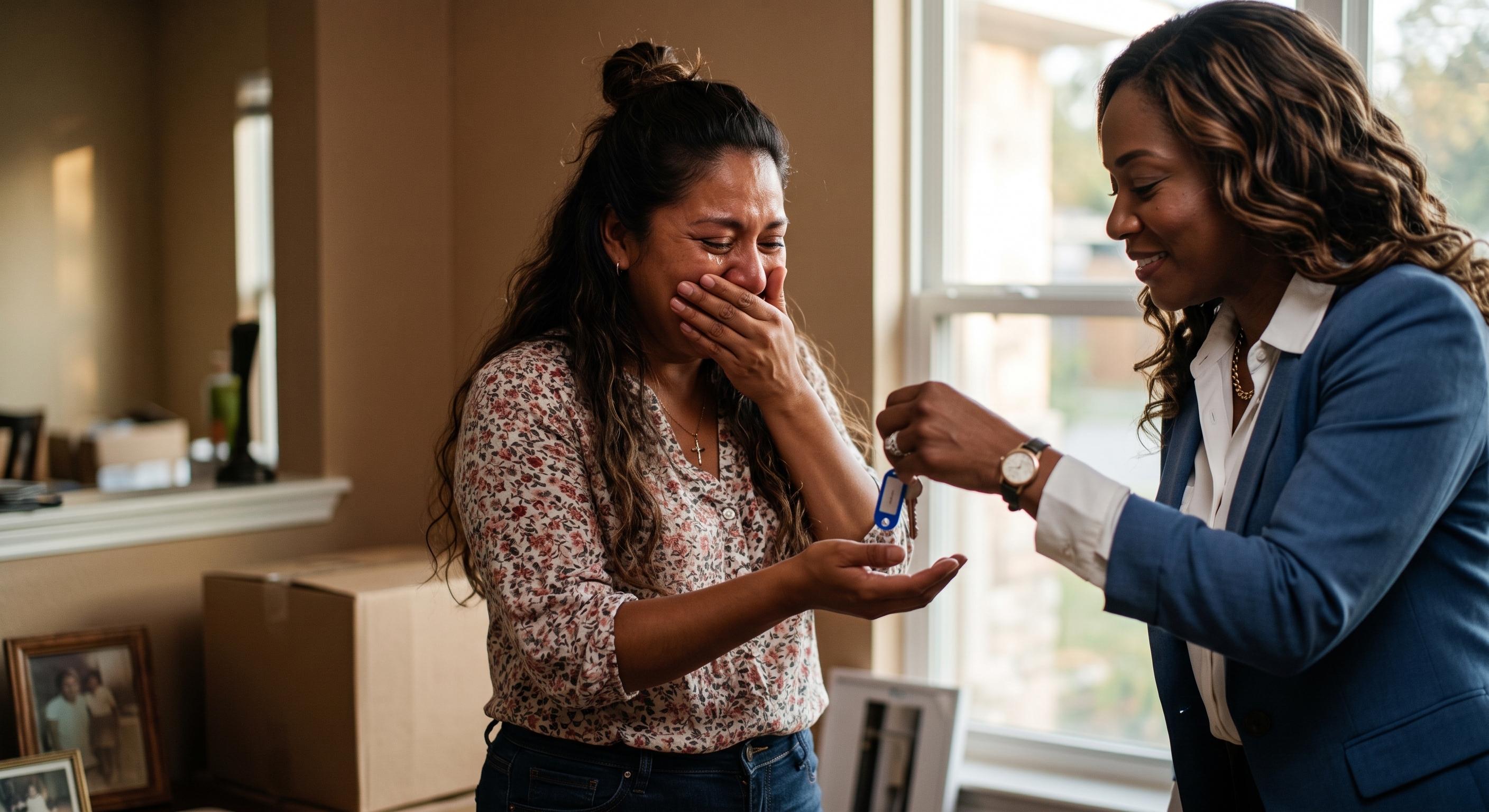 A joyful participant receiving the keys to her new home