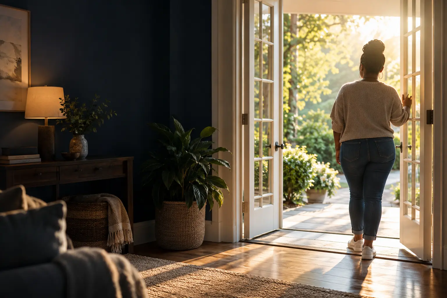 A welcoming transitional home opening onto a sunlit garden
