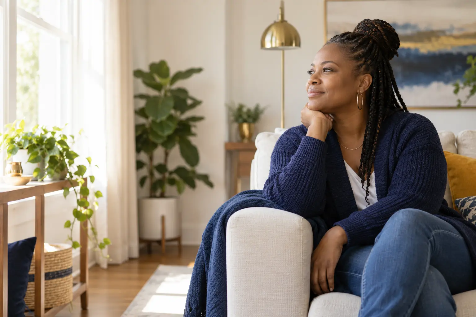 A woman sitting peacefully in a bright, supportive home